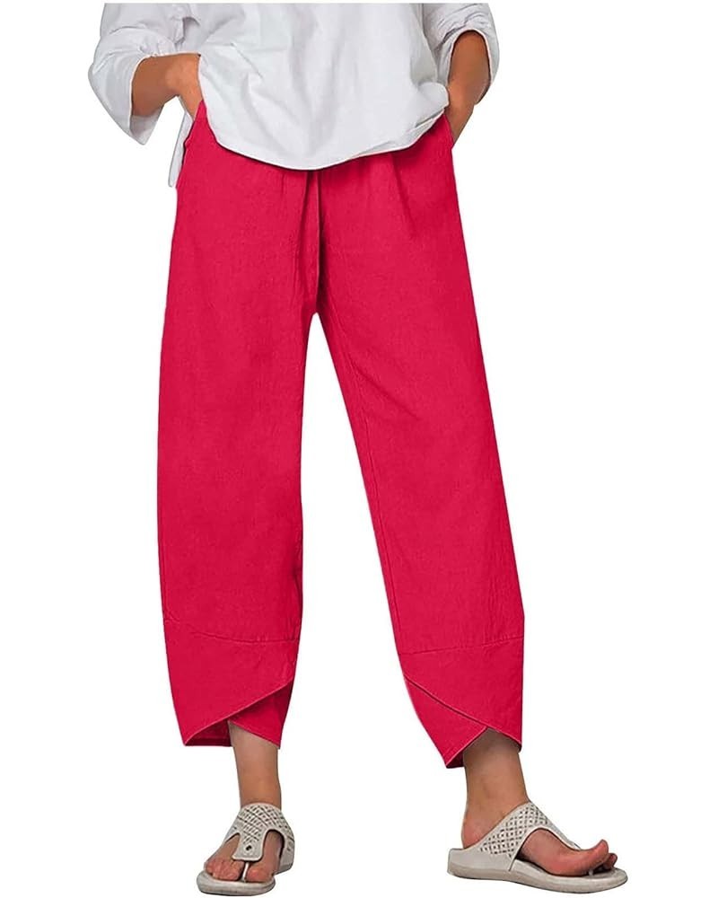 Summer Linen Pants for Women High Waist Lounge Beach Pants Casual Cropped Leg Lightweight Trousers with Pockets 5 Watermelon ...