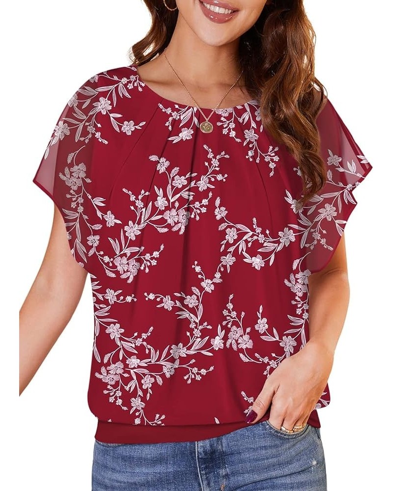 Women's Casual Flouncing Short Sleeve Pleated Front Loose Chiffon Blouse Top Yh-white Leaves/Red1 $10.00 Blouses