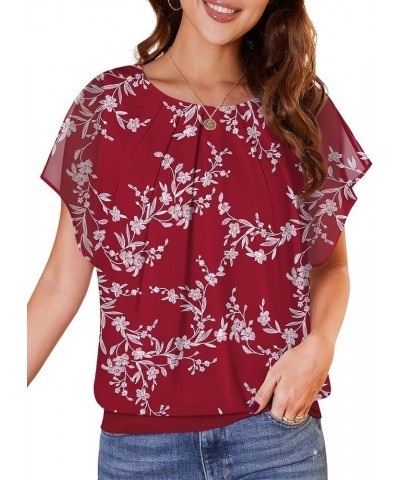 Women's Casual Flouncing Short Sleeve Pleated Front Loose Chiffon Blouse Top Yh-white Leaves/Red1 $10.00 Blouses