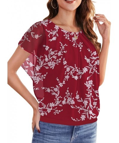 Women's Casual Flouncing Short Sleeve Pleated Front Loose Chiffon Blouse Top Yh-white Leaves/Red1 $10.00 Blouses