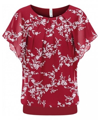 Women's Casual Flouncing Short Sleeve Pleated Front Loose Chiffon Blouse Top Yh-white Leaves/Red1 $10.00 Blouses