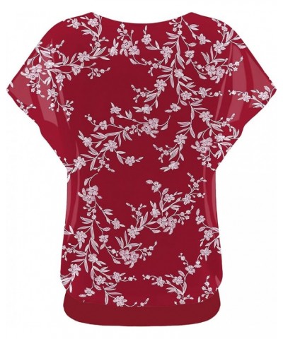 Women's Casual Flouncing Short Sleeve Pleated Front Loose Chiffon Blouse Top Yh-white Leaves/Red1 $10.00 Blouses