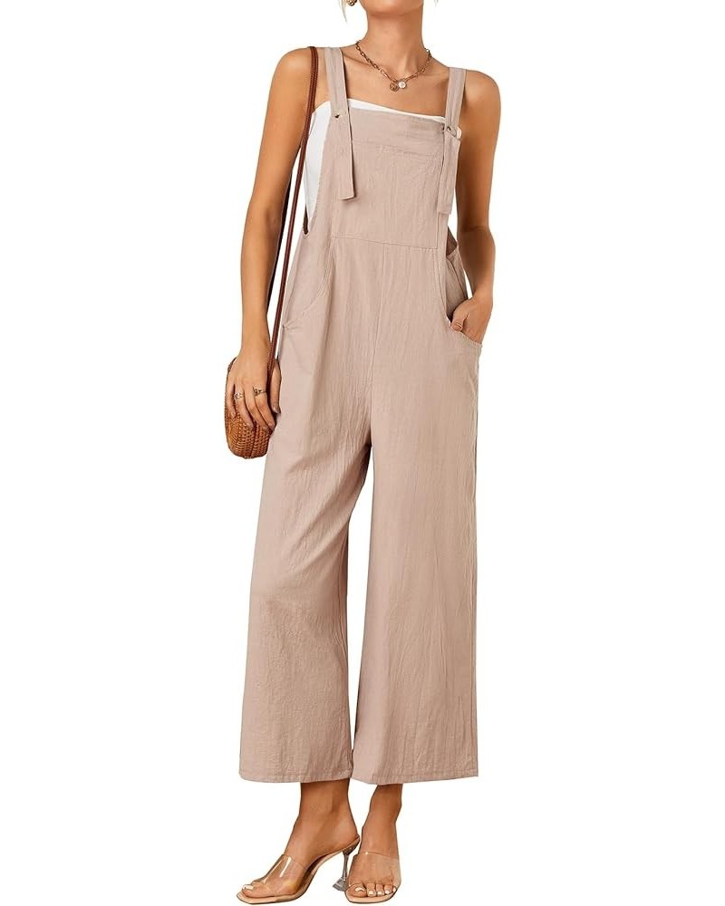 Women's Cotton Linen Jumpsuit Strapy Loose Long Bib Pants Wide Leg Romper Overalls With Pockets Khaki $16.52 Overalls