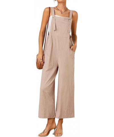 Women's Cotton Linen Jumpsuit Strapy Loose Long Bib Pants Wide Leg Romper Overalls With Pockets Khaki $16.52 Overalls