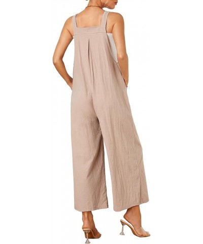 Women's Cotton Linen Jumpsuit Strapy Loose Long Bib Pants Wide Leg Romper Overalls With Pockets Khaki $16.52 Overalls