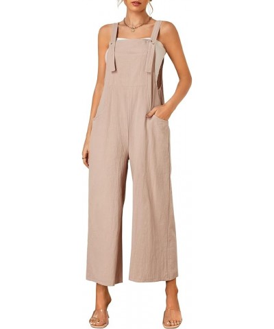 Women's Cotton Linen Jumpsuit Strapy Loose Long Bib Pants Wide Leg Romper Overalls With Pockets Khaki $16.52 Overalls