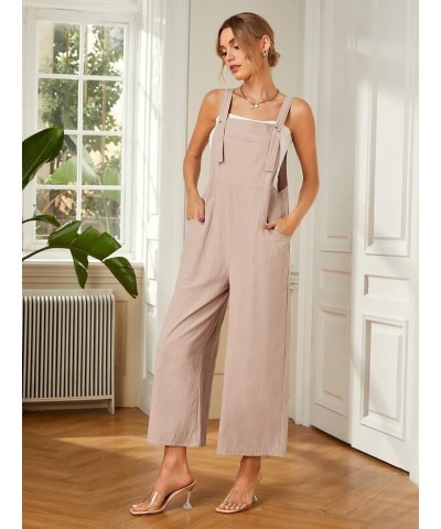 Women's Cotton Linen Jumpsuit Strapy Loose Long Bib Pants Wide Leg Romper Overalls With Pockets Khaki $16.52 Overalls