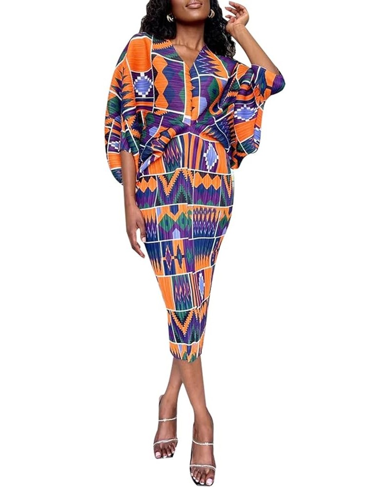 Women's Long Party Dresses V Neck Three Quarter Batwing Sleeve Pleated Boho Dress Orange Purple $23.77 Dresses