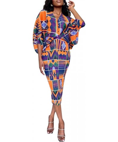 Women's Long Party Dresses V Neck Three Quarter Batwing Sleeve Pleated Boho Dress Orange Purple $23.77 Dresses