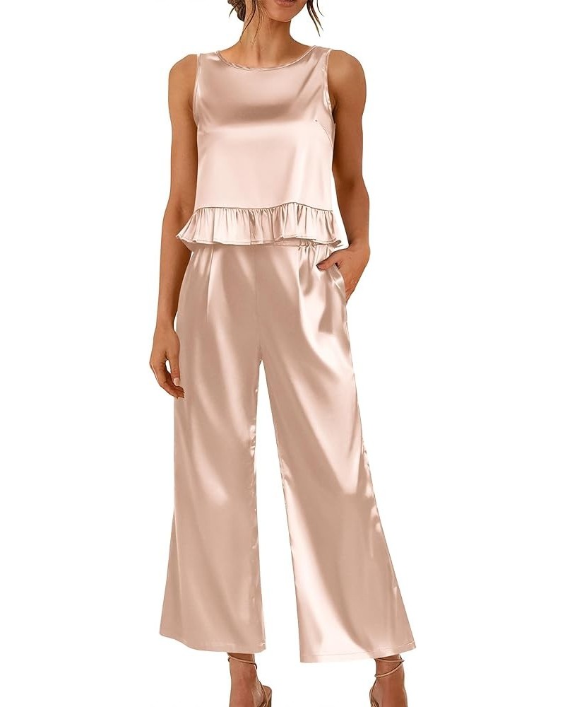 Womens Satin Pajamas Set 2 Piece Silk Outfits Sleeveless Tank Crop Wide Leg Pants Sleepwear with Pockets Champagne $14.57 Sle...