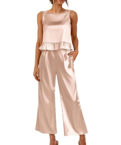 Womens Satin Pajamas Set 2 Piece Silk Outfits Sleeveless Tank Crop Wide Leg Pants Sleepwear with Pockets Champagne $14.57 Sle...