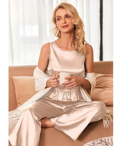 Womens Satin Pajamas Set 2 Piece Silk Outfits Sleeveless Tank Crop Wide Leg Pants Sleepwear with Pockets Champagne $14.57 Sle...