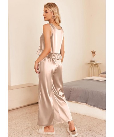 Womens Satin Pajamas Set 2 Piece Silk Outfits Sleeveless Tank Crop Wide Leg Pants Sleepwear with Pockets Champagne $14.57 Sle...