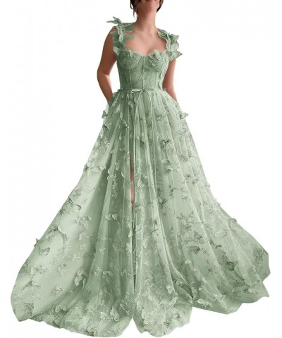 Long Tulle Lace Prom Dresses with Appliques Split Butterfly 3D A Line Formal Evening Gowns Sage Green $32.90 Dresses