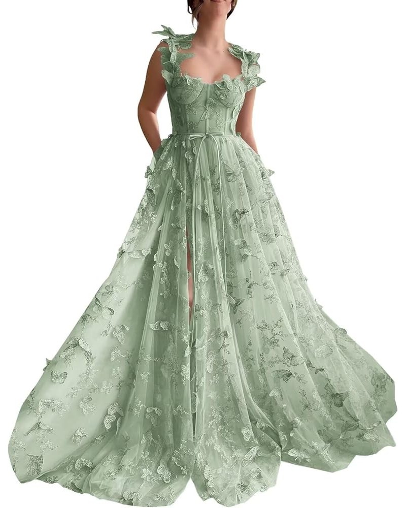 Long Tulle Lace Prom Dresses with Appliques Split Butterfly 3D A Line Formal Evening Gowns Sage Green $32.90 Dresses