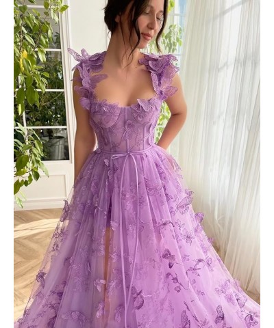 Long Tulle Lace Prom Dresses with Appliques Split Butterfly 3D A Line Formal Evening Gowns Sage Green $32.90 Dresses