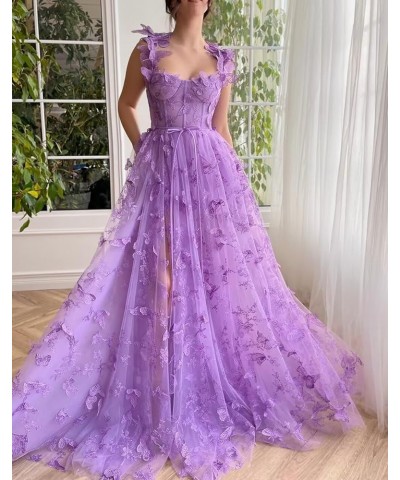 Long Tulle Lace Prom Dresses with Appliques Split Butterfly 3D A Line Formal Evening Gowns Sage Green $32.90 Dresses