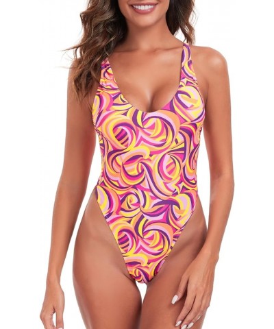 Women's One Piece Thong Swimsuit Colorful Feather $16.45 Swimsuits