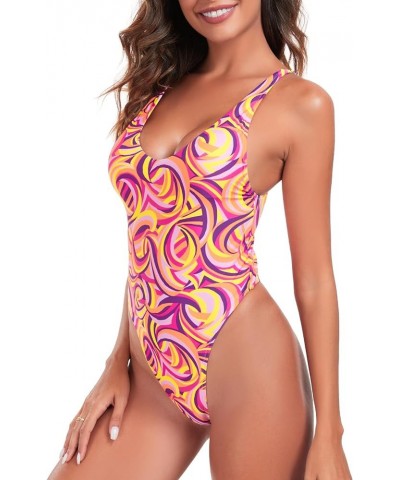 Women's One Piece Thong Swimsuit Colorful Feather $16.45 Swimsuits