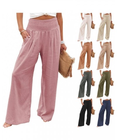 Womens Linen Wide Leg Pants High Waisted Palazzo Lounge Pant 2024 Summer Beach Work Boho Casual Trousers with Pockets Pink $1...