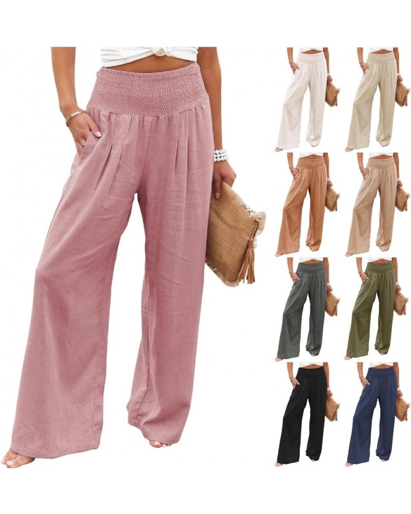 Womens Linen Wide Leg Pants High Waisted Palazzo Lounge Pant 2024 Summer Beach Work Boho Casual Trousers with Pockets Pink $1...