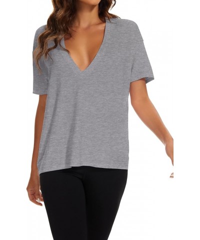 Women's Casual Loose Deep V-Neck Short Sleeve Tee Basic Relaxed Plunge Neck Solid Drop Shoulder T-Shirt Tops Ash $10.50 T-Shirts