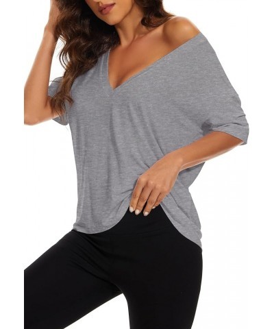 Women's Casual Loose Deep V-Neck Short Sleeve Tee Basic Relaxed Plunge Neck Solid Drop Shoulder T-Shirt Tops Ash $10.50 T-Shirts