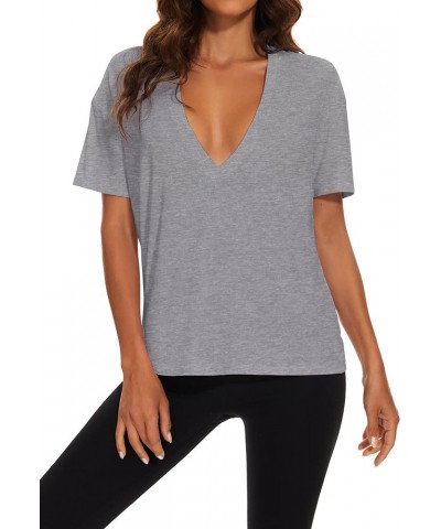 Women's Casual Loose Deep V-Neck Short Sleeve Tee Basic Relaxed Plunge Neck Solid Drop Shoulder T-Shirt Tops Ash $10.50 T-Shirts