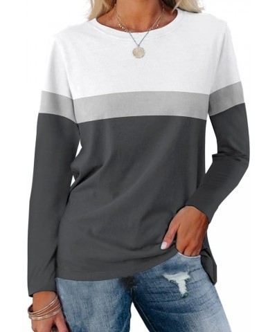 Women's Long Sleeve Color Block Tunics Tops Round Neck Shirts Casual Blouses White-grey-charcoal $13.63 Tops