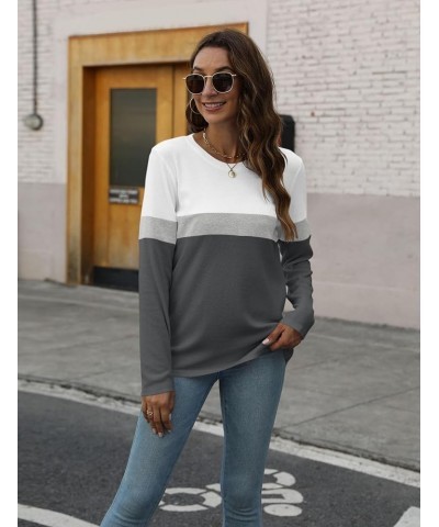 Women's Long Sleeve Color Block Tunics Tops Round Neck Shirts Casual Blouses White-grey-charcoal $13.63 Tops