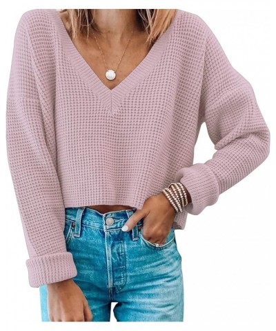 Womens V Neck Waffle Knit Cropped Top Long Sleeve Pullover Crop Sweater Peach Pink $19.37 Activewear