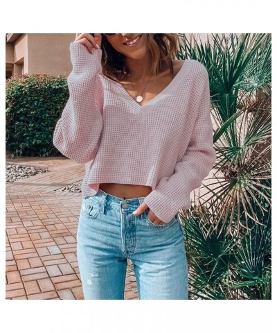 Womens V Neck Waffle Knit Cropped Top Long Sleeve Pullover Crop Sweater Peach Pink $19.37 Activewear