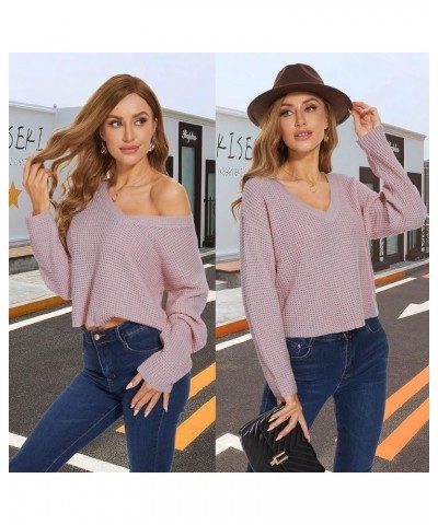 Womens V Neck Waffle Knit Cropped Top Long Sleeve Pullover Crop Sweater Peach Pink $19.37 Activewear