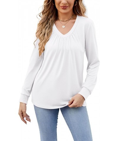 Women's Long Sleeve Top V Neck Pleated 2023 Fall Fashion Blouse T Shirts White $11.50 Blouses