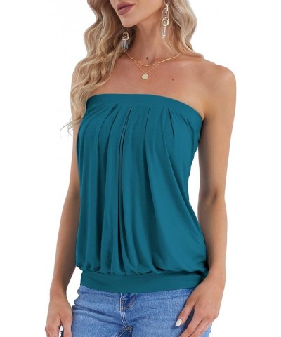 Women's Summer Beach Tie Dye Sleeveless Stretchy Pleated Tube Tops Teal $14.99 Tanks