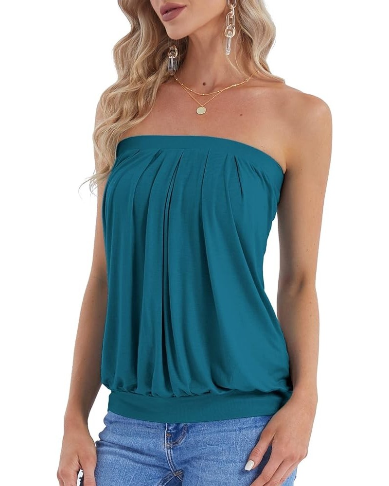 Women's Summer Beach Tie Dye Sleeveless Stretchy Pleated Tube Tops Teal $14.99 Tanks