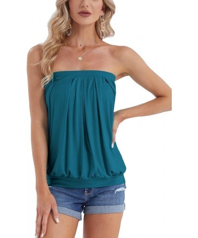 Women's Summer Beach Tie Dye Sleeveless Stretchy Pleated Tube Tops Teal $14.99 Tanks