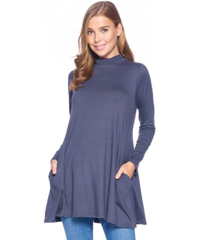 Long Sleeve Solid Mock Neck Pocket Swing Tunic T-Shirt Top (S-3X) Dark Gray $17.35 Tops