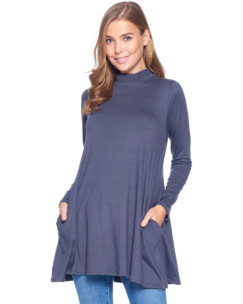 Long Sleeve Solid Mock Neck Pocket Swing Tunic T-Shirt Top (S-3X) Dark Gray $17.35 Tops