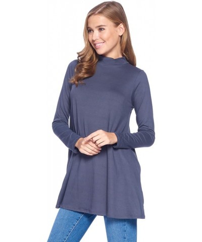 Long Sleeve Solid Mock Neck Pocket Swing Tunic T-Shirt Top (S-3X) Dark Gray $17.35 Tops