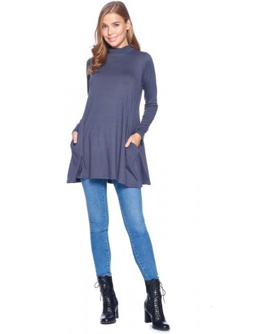 Long Sleeve Solid Mock Neck Pocket Swing Tunic T-Shirt Top (S-3X) Dark Gray $17.35 Tops