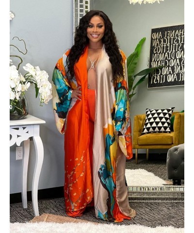 Women's Satin Open Front Cardigan Kimono Duster Sexy Beach Cover-Up Loose Long Flowy Maxi Dress Floral Robe 10173-orange $19....