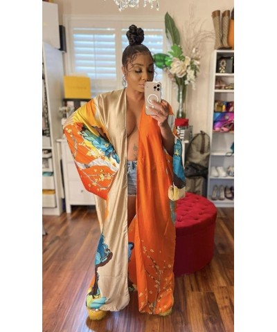 Women's Satin Open Front Cardigan Kimono Duster Sexy Beach Cover-Up Loose Long Flowy Maxi Dress Floral Robe 10173-orange $19....