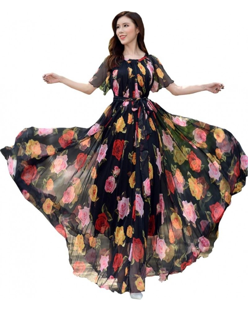 Women's Short Sleeve Floral Bohemian Maxi Dress Black Rose $24.74 Dresses