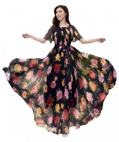 Women's Short Sleeve Floral Bohemian Maxi Dress Black Rose $24.74 Dresses