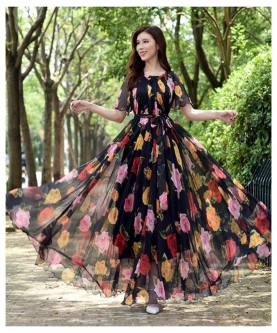 Women's Short Sleeve Floral Bohemian Maxi Dress Black Rose $24.74 Dresses