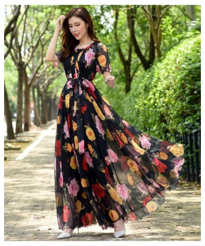 Women's Short Sleeve Floral Bohemian Maxi Dress Black Rose $24.74 Dresses