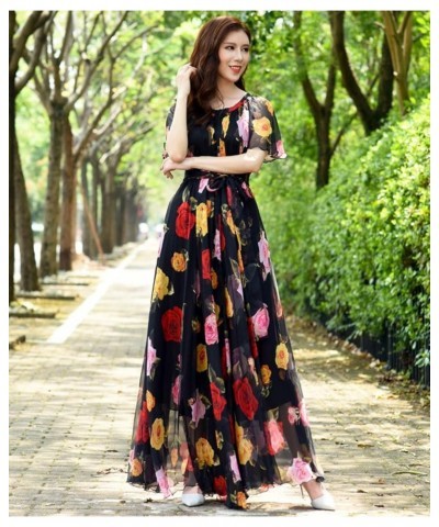 Women's Short Sleeve Floral Bohemian Maxi Dress Black Rose $24.74 Dresses