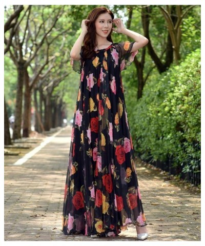 Women's Short Sleeve Floral Bohemian Maxi Dress Black Rose $24.74 Dresses