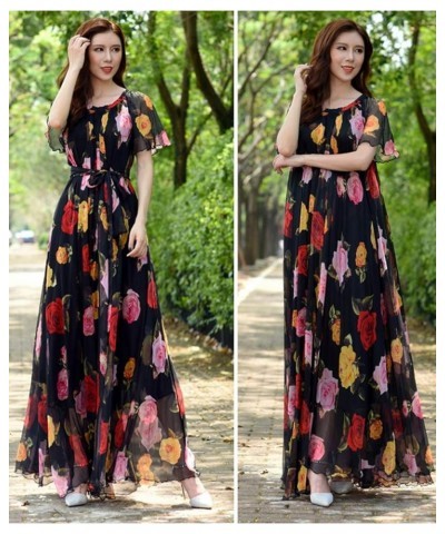 Women's Short Sleeve Floral Bohemian Maxi Dress Black Rose $24.74 Dresses